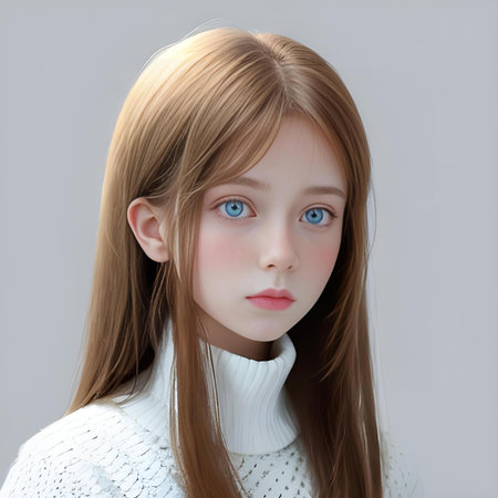 portrait of a little girl with blond hair in a white sweaterの写真素材