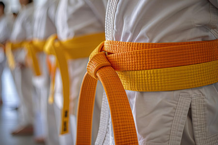 Tae Kwon Do student in kimono with orange beltの写真素材