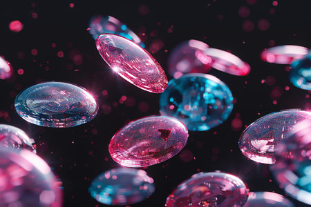 Abstract 3d rendering of flying pink and blue bubbles on black backgroundの写真素材