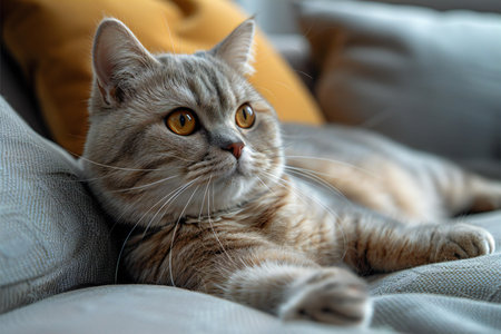 Close-up portrait of a beautiful cat lying on the sofa.の写真素材