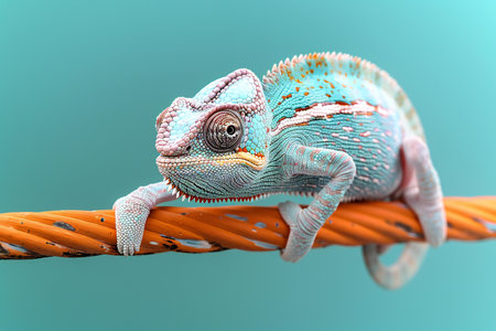 colorful chameleon on the rope isolated on blue background.の写真素材