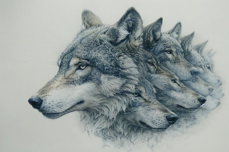 Three wolf heads on a white background. Picture in watercolor style.