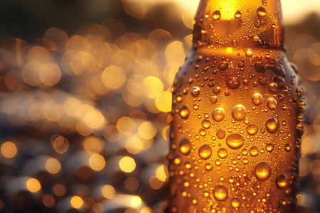 Close up of beer bottle with water drops on bokeh background