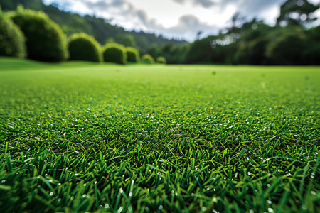 Beautiful green grass of golf course, close-up view.
