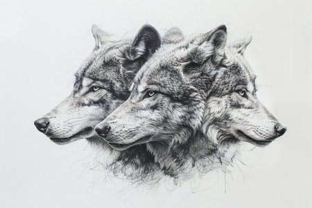 Three wolf heads on a white background. Hand-drawn illustration.