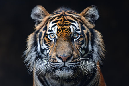 Portrait of a tiger on a dark background. Close-up.
