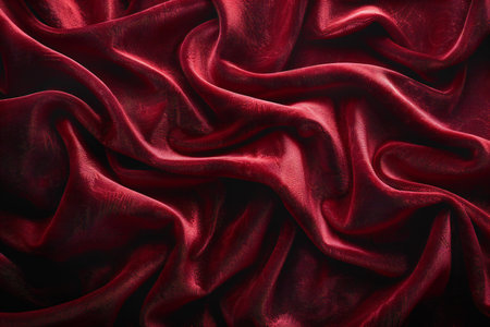 Closeup of rippled red satin fabric as background texture