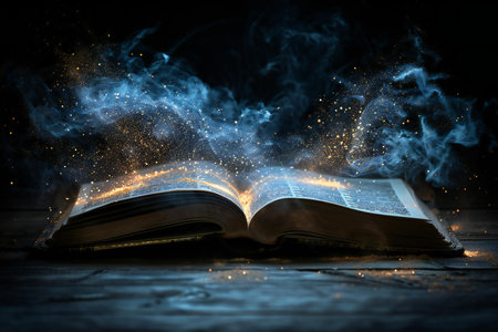 Opened book on wooden table with lights and smoke.