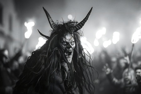 Black and white portrait of a scary devil with horns on a dark background