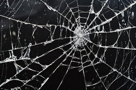 Broken glass on a black background. Large cracks in the glass.