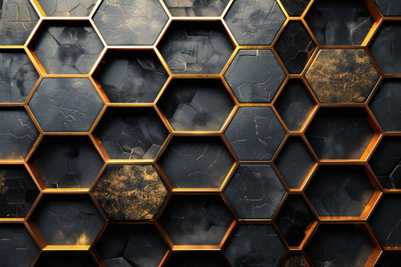 3d illustration of hexagonal pattern with gold and black background.