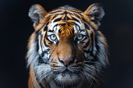 Portrait of a tiger on a dark background. Close-up.