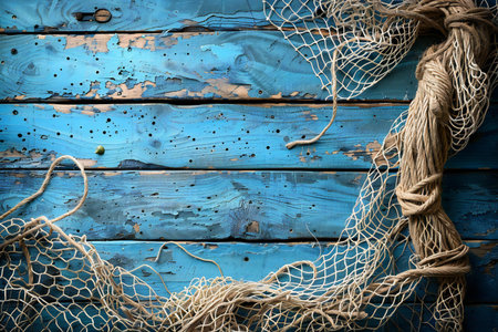 Fishing net on blue wooden background. Top view with copy space