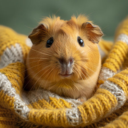 Cute little guinea pig in warm knitted sweater, closeupの写真素材