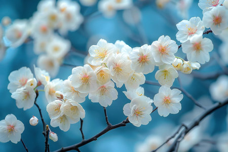 White Flowers of Japanese Apricot in Full Bloom on Blue Sky Backgroundの写真素材