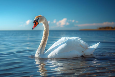 Beautiful white swan swimming on blue lake water in sunny day