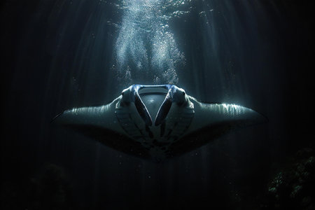 Manta Ray coming into the water. Underwater photo of a stingray.