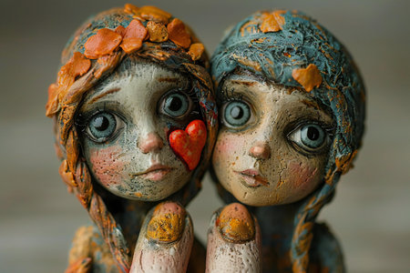 Two handmade dolls in blue and orange tones. Close-up.