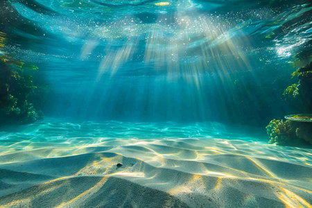 Underwater view with sunbeams and raysの写真素材