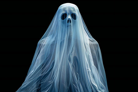 Halloween ghost with transparent cloth on black background. 3d illustration