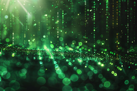 abstract green bokeh background with light rays and glitter particles