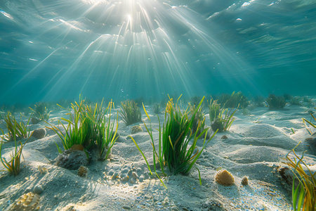 Underwater view of the seabed with algae and sun rays