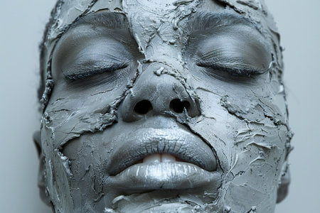 close-up portrait of a woman with mud mask on her faceの写真素材