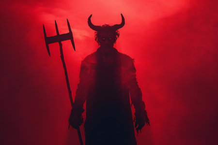 Devil with trident in red foggy background. Halloween concept