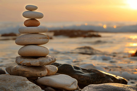 Stack of pebbles on the beach at sunset. Zen conceptの写真素材