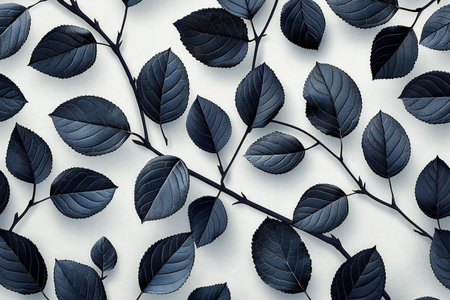 Creative layout made of black leaves on white background. Flat lay, top view minimal nature concept.の写真素材