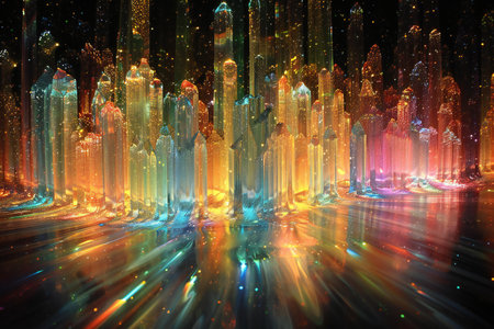 abstract 3d illustration of fantasy landscape with glowing skyscrapers