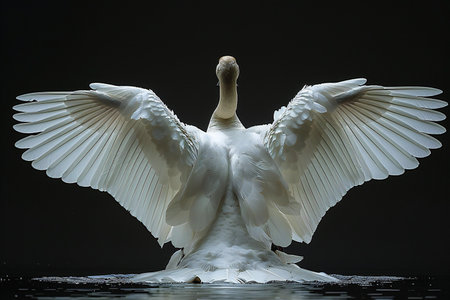 White swan on a black background. Studio photography of a swanの写真素材