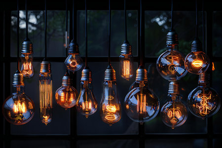 Incandescent Edison light bulb glowing in the dark, Lighting decor