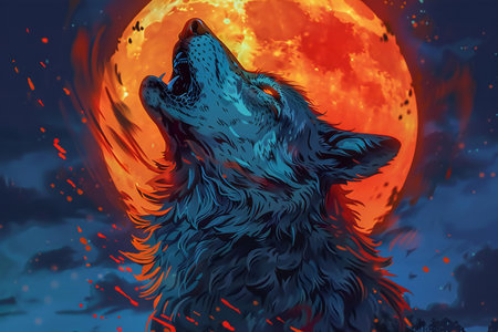Wolf howling in front of the full moon. Vector illustration.