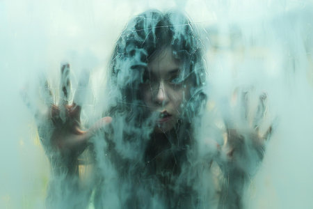 Young woman behind the glass of a car with smoke