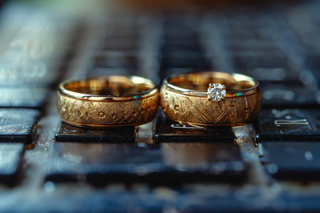 wedding rings on the keyboard of a laptop close-up