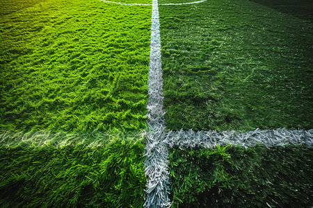 Soccer field with green grass and white line for background and texture