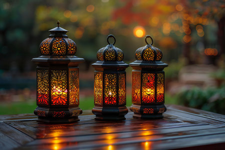 Lanterns in the garden at sunset.