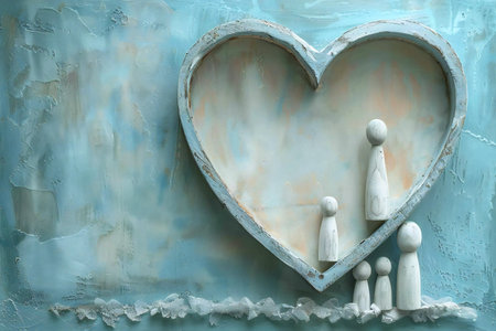 Figurines in the form of a heart on a blue backgroundの写真素材