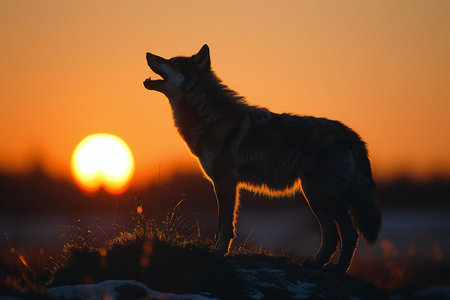 Portrait of a wolf howling at the setting sun in winter