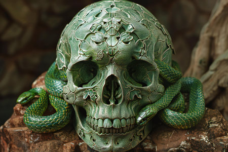 Green snake on a stone in the form of a human skull.の写真素材