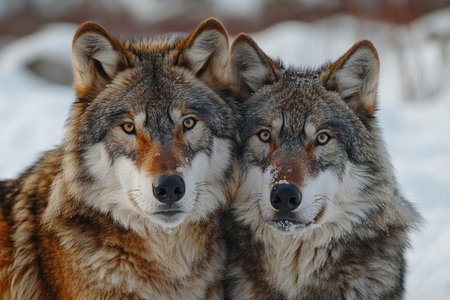Portrait of two wolves in the winter forest, close-up