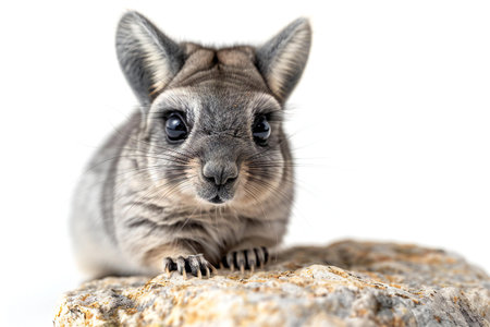 Chinchilla sitting on a rock isolated on a white background.
