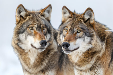 Portrait of two wolf in the snow. Wildlife scene from nature.
