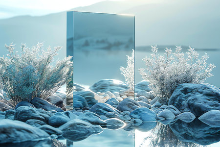 3d render, winter landscape with frozen lake and transparent glass door