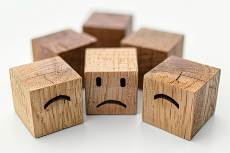 Wooden cubes with sad face on white background. Emoticon conceptの写真素材