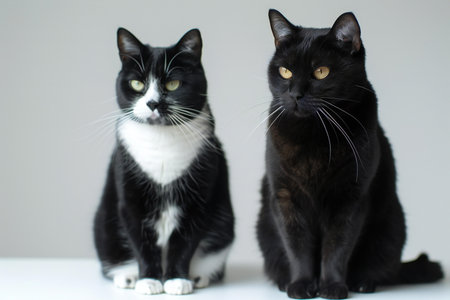 Black and white cats sitting on a white background.の写真素材