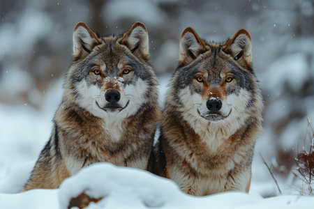 Two wolf in the winter forest. Canis lupus.