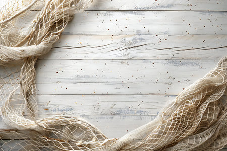 Fishing net on white wooden background, top view. Space for text