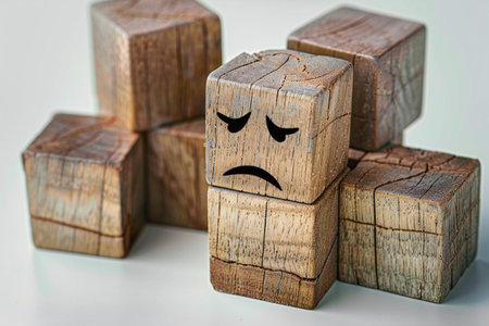 Wooden cubes with a sad face.の写真素材